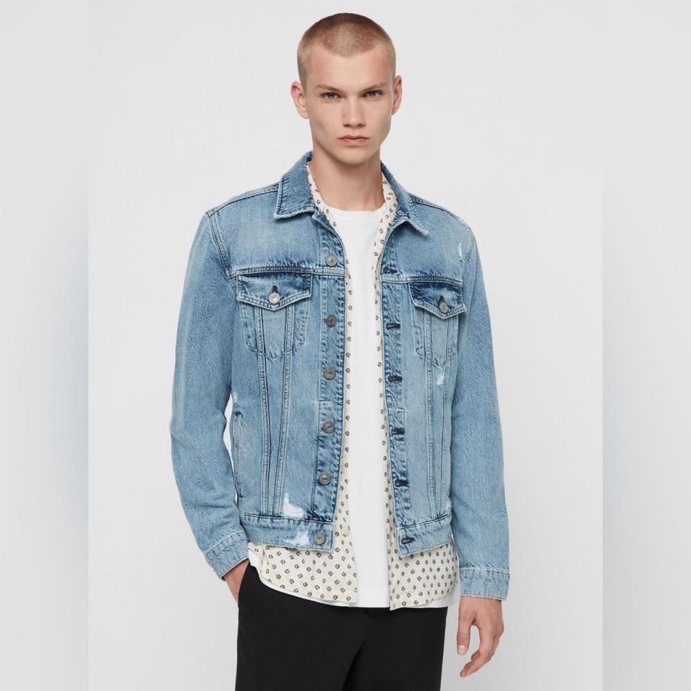 ALLSAINTS IDLE Denim Jacket SMALL New W Tags Washed indigo Blue Distressed